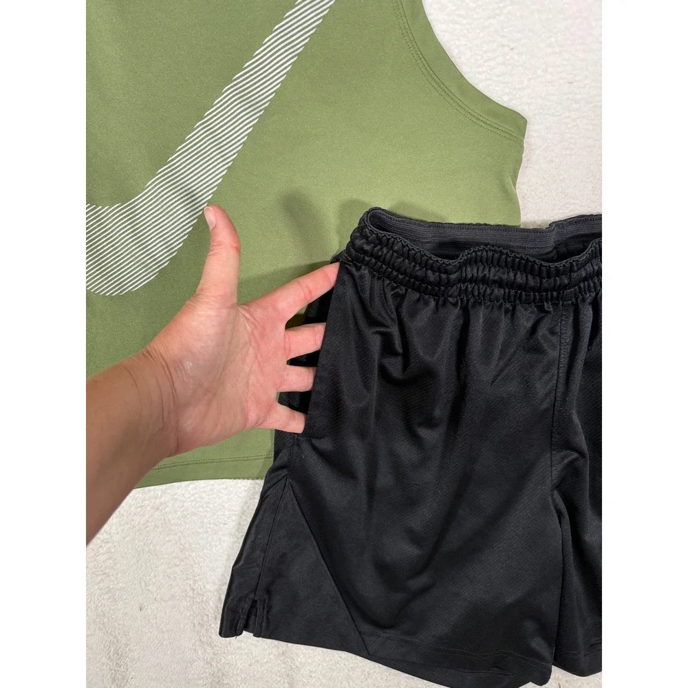 Nike Womens Dri-FIT Running Tank and Fly Shorts Set Olive Green Black Medium